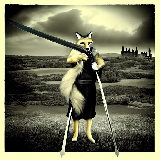 Image similar to anthropomorphic fox!! who is a medieval knight holding a sword towards a stormy thundercloud 1 9 3 0 s film still, castle in the background