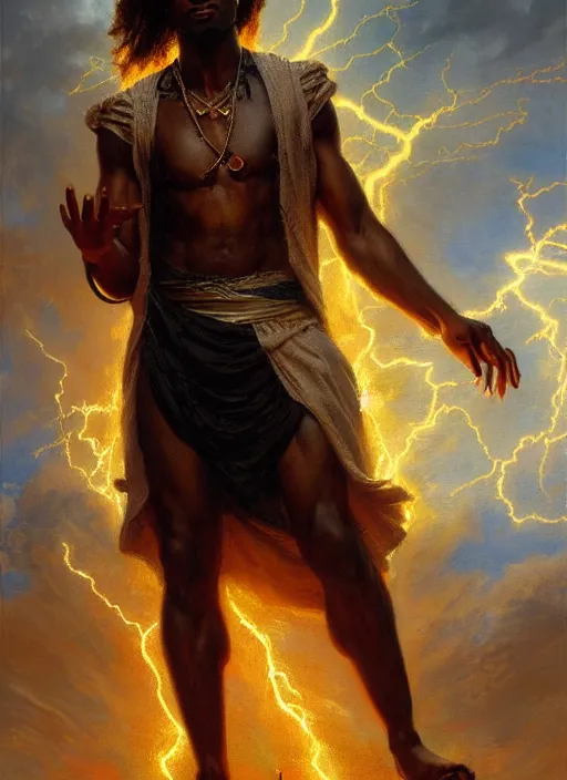 Image similar to young black man, god of lightning, flowing robes, powerful, smug expression, highly detailed painting by gaston bussiere, craig mullins, j. c. leyendecker 8 k, sparkling storm clouds