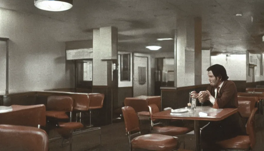 Prompt: 7 0 s film still from a horror movie of one person sitting at an empty diner, kodachrome, cinecolor, cinestill, film grain, film texture, retro, cinematic, high resolution, photorealism,