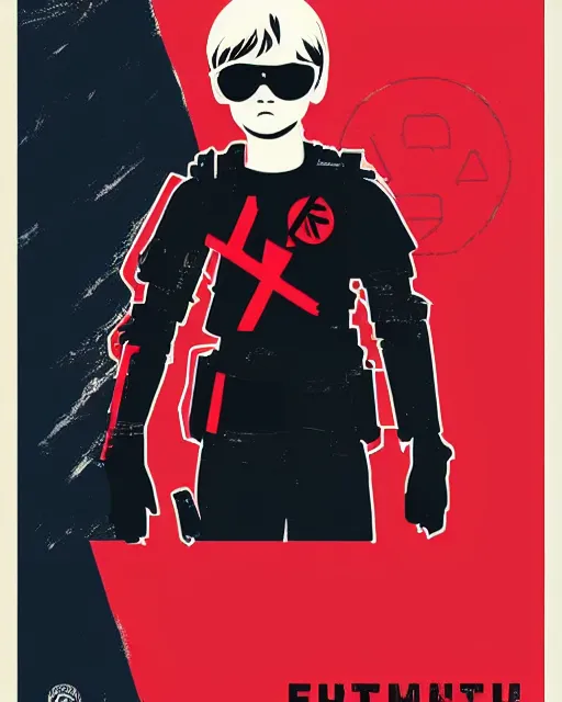 Prompt: antifa, barron trump is an antifa supersoldier, minimalist movie poster, exoskeleton, vibrant fan art