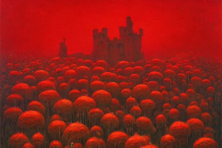 Image similar to only with red, red flowers of different types, a castle in the background, red orcs and trolls dance over the flowers, in the style of beksinski, part by hopper, part by rodcenko, part by hofbauer, intricate composition, red by caravaggio, insanely quality, highly detailed, masterpiece, red light, artstation