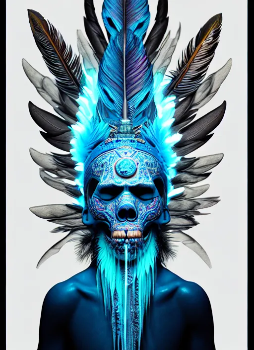 Image similar to 3 d shaman with tattoos profile portrait, sigma 5 0 0 mm f / 5. beautiful intricate highly detailed quetzalcoatl skull and feathers. bioluminescent, plasma, lava, ice, water, wind, creature, thunderstorm! artwork by tooth wu and wlop and beeple and greg rutkowski, 8 k trending on artstation,