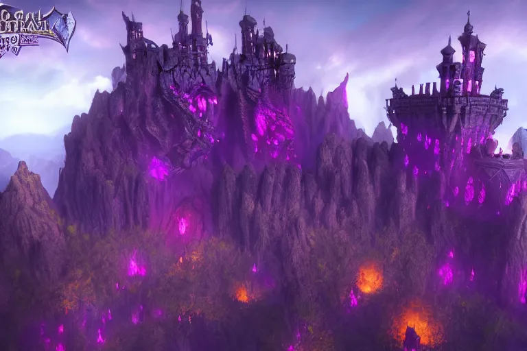 Image similar to big evil castle - purple city rock dark shadow elves under the mountain, might and magic heroes vii, dark fantasy, shadows, artstation trending, unreal engine 5, red