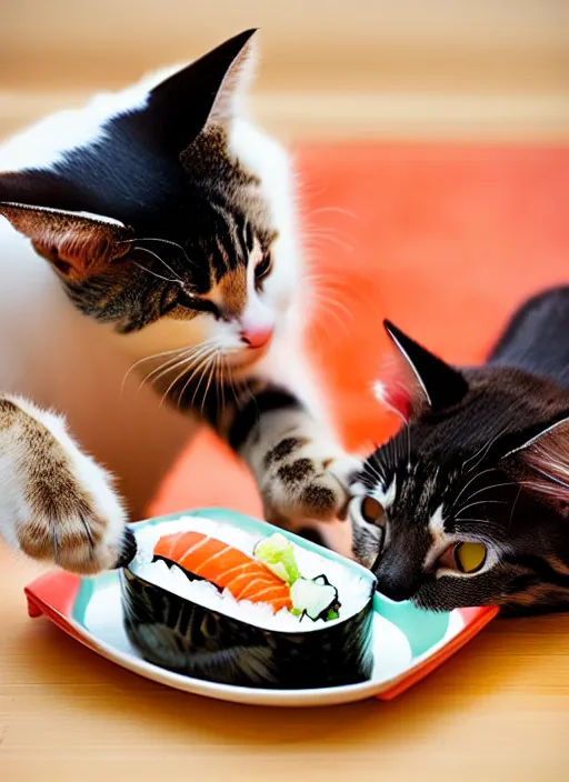 Image similar to clear photograph of cute cats stealing sushi from sushi plates