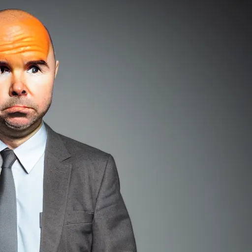 Prompt: karl pilkington with a head as an orange