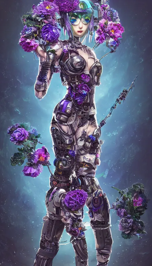 Image similar to full body head to toe portrait of a flowerpunk sci-fi cyborg ninja, third person, D&D, sci-fi fantasy, intricate, blue and gold, daisy and rose and peony, highly detailed, art by Range Murata, highly detailed, 3d, octane render, bright colors, digital painting, trending on artstation, sharp focus, illustration style of Stanley Artgerm, dramatic background