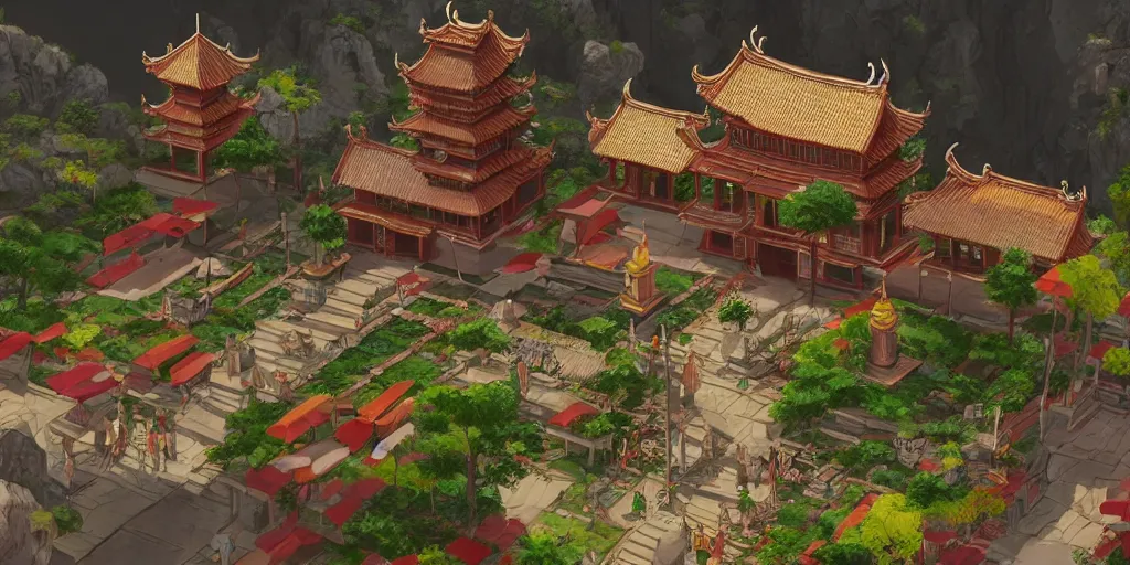 Prompt: vietnamese temple scene, 2 d game art background, sharp, detailed, intricate, game level design, cinematic lighting, trending on artstation, in style of vinodh sivaraja and lam manh