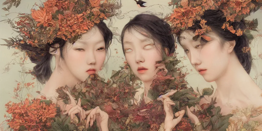 Image similar to breathtaking detailed concept art painting blend of two goddess of autumn by hsiao - ron cheng with anxious piercing eyes, vintage illustration pattern with bizarre compositions blend of flowers and fruits and birds by beto val and john james audubon, exquisite detail, extremely moody lighting, 8 k
