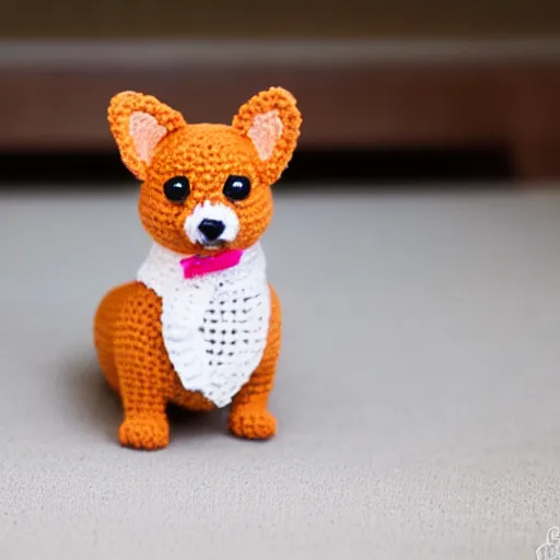 Prompt: a crochet corgi puppy, super cute, kawaii, extremely detailed, complex, intricate, Sigma 50mm f/1.4