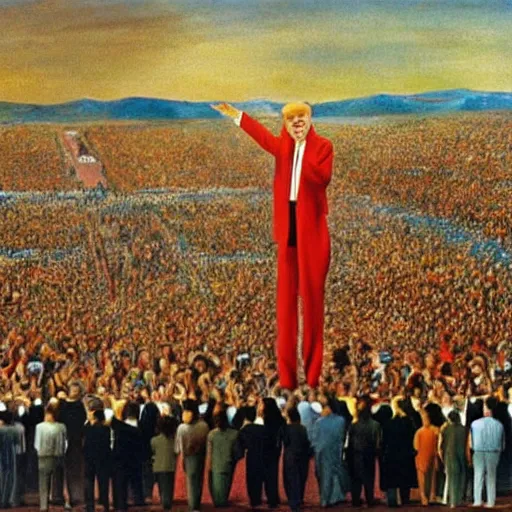 Prompt: enoumous crowd of millions of people, everyone is laughing and pointing at donald trump on a podium. he is not wearing pants and his legs are visible. painting by salvador dali.