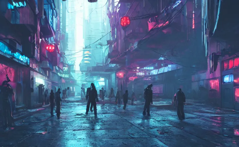 Image similar to close wide angle shot of a matte painting environment design of dystopian cyberpunk alley with neon lights, people on the streets being monitored by flying drones, trending on artstation, painted by dreadjim, eddie mendoza, james paick, ultra realistic, volumetric lighting, 4k, octane render