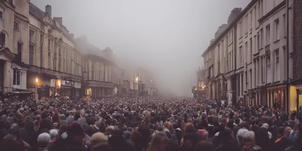 Image similar to crowds of people in the streets of Oxford England 1810, ight, ominous, light mist, light rain, Canon 5D, DSLR, 8k, photo, by Laurence Norah and Luke Stackpoole, unreal engine, ray tracing, cgsociety, artstation