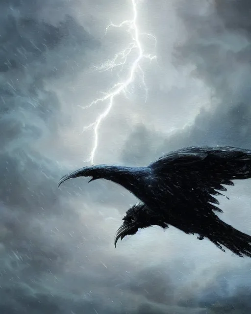 Image similar to oil painting of Anthropomorphized Raven Sorcerer casting spell, magical runes flying, wearing fur cloak, sharp focus, lightning storm background, magical aura, heroic pose, fantasy style, octane render, volumetric lighting, 8k high definition, by greg rutkowski, highly detailed, trending on art Station, magic the gathering artwork, Thunderstorm background, centered, dramatic artwork