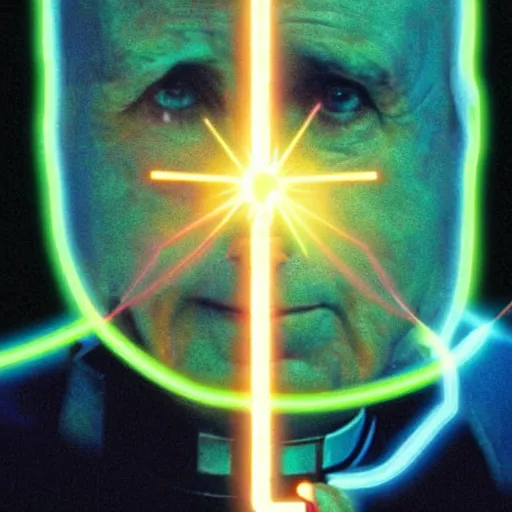 Image similar to Pope shooting bright lasers out of his head, 80s, science fiction, cyberpunk, neon, low angle shot, cross, pope, movie poster