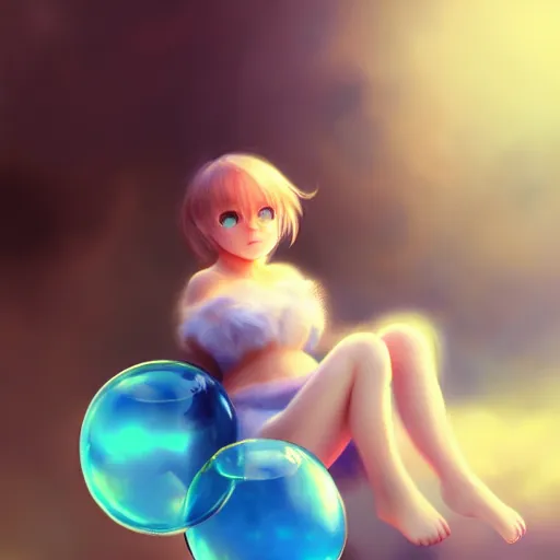 Image similar to cinematic portrait of cute Mew riding large blue bubble, oil on canvas, masterpiece, trending on artstation, featured on pixiv, cinematic composition, dramatic pose, beautiful lighting, sharp, details, hyper-detailed, HD, HDR, 4K, 8K