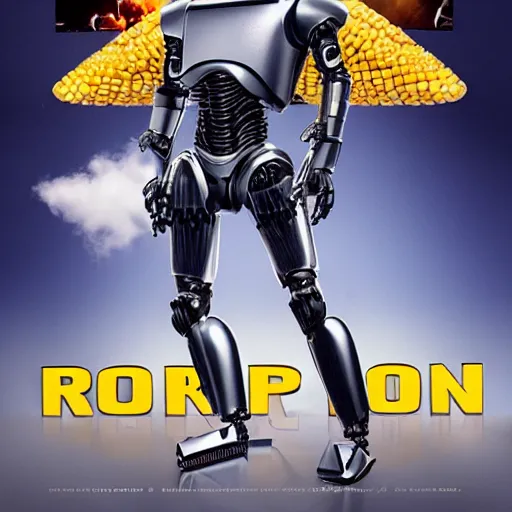 Image similar to A corn on the cob as robocop: robocrop. Movie poster.