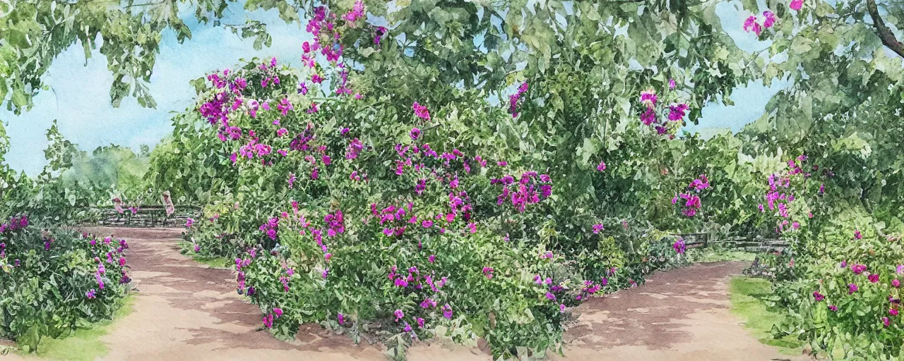 Prompt: isomeric view, delicate lake in a botanic garden, road, sparrows, on a botanical herbarium paper, watercolor colored painting, iridescent colors, 8 k, realistic shaded, fine details, artstation, italian style, colonnade, vines, grapes, flowers, gardena architecture, castellammare