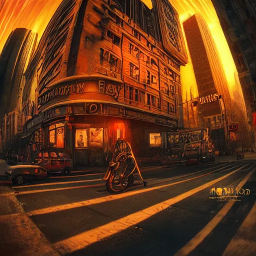 Prompt: 3 0 th century!!!!! fiery! dystopian!!!!! town street, cinematic photography, fisheye!!!!! lens, ( ( ( ( ( worm's - eye view ) ) ) ) ), illustrated by max hay, artstation, cgsociety contest winner, dramatic lighting, vignette