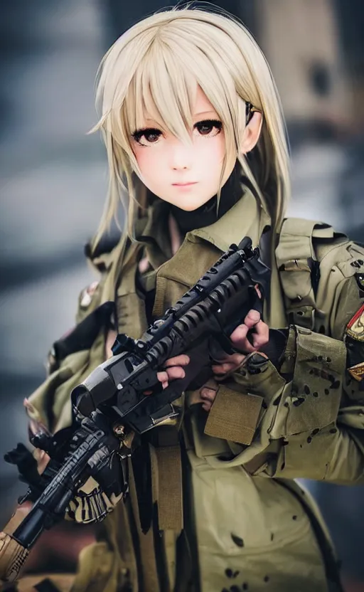 Image similar to portrait photo, highly detailed, high resolution, cosplay photo, stunning, girls frontline style, bokeh soft, 100mm, trending on instagram, by professional photographer, realistic human anatomy, real human faces, realistic military carrier, soldier clothing, modern warfare, realistic weapon, shot with a arriflex 35 ii, low saturation, small human eyes, improve picture from previous attempts