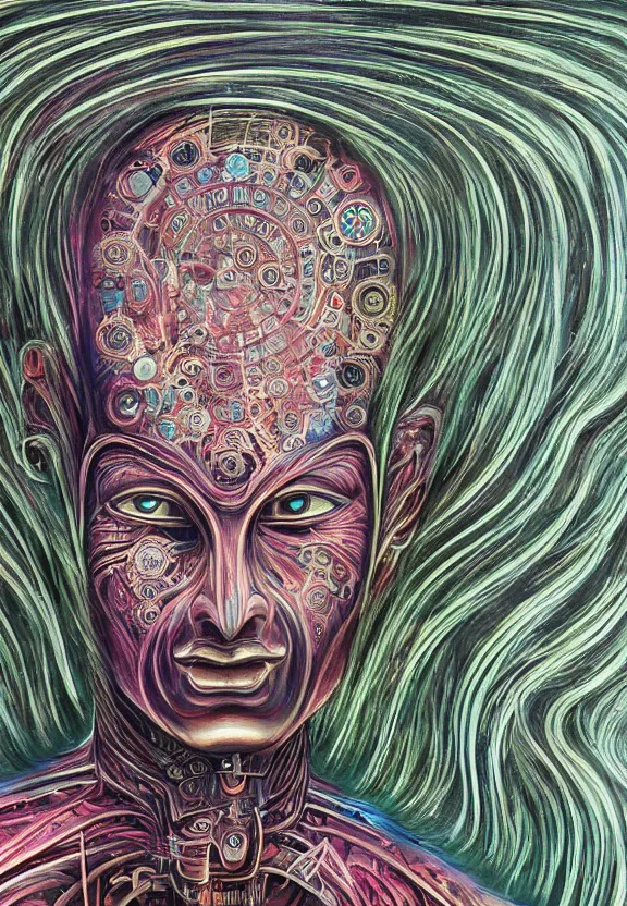 Image similar to perfectly centered portrait, front view of a beautiful biomechanical alien android robot buddha, female, flowing hair, intense stare, sarcastic smile, symmetrical, concept art, intricate detail, psychedelic colors, volumetric shadows and lighting, realistic oil painting by alex grey and h. r giger,