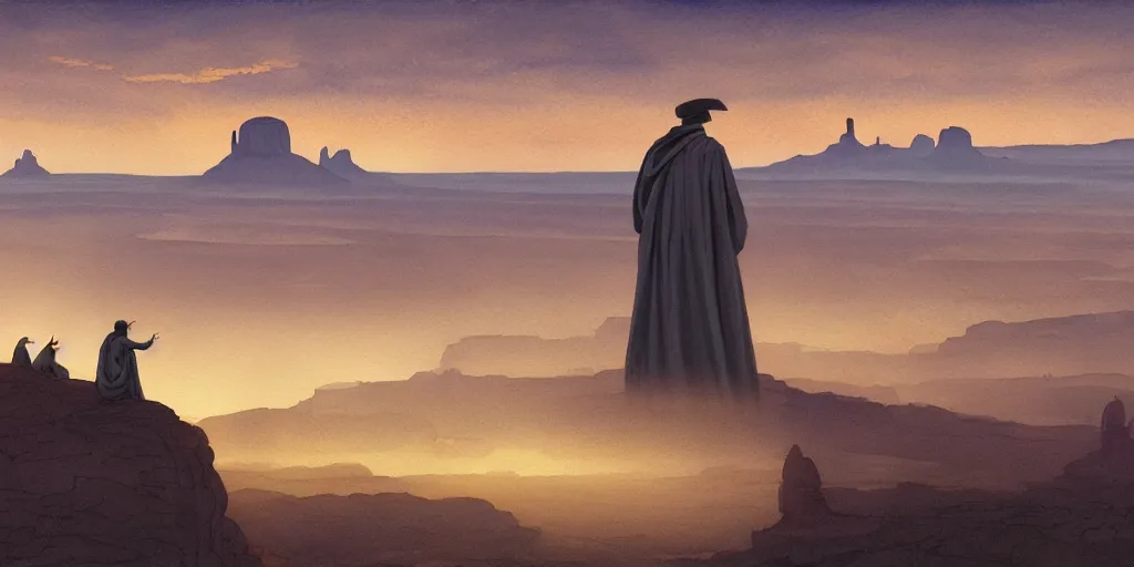 Prompt: a hyperrealist watercolor concept art of a giant ufo from independence day on the horizon of monument valley. a medieval monk in grey robes is in the foreground. golden hour. very muted colors, by rebecca guay, michael kaluta, charles vess. high detail, hq, wide shot, 4 k