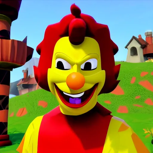 Image similar to image of ronald mcdonald, white face, red afro, red nose and yellow outfit as an enemy in spyro the dragon video game, with low poly playstation 1 graphics, upscaled to high resolution