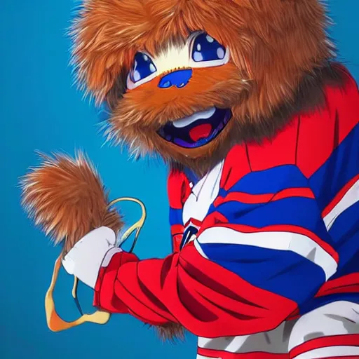 Image similar to anime Portrait of Youppi the Habs Montreal Canadiens Mascot as a very cute powerful and friendly pokemon, highly detailed anime, high evolution, 1990s, legendary, smooth, sharp focus, dynamic lighting, intricate, trending on ArtStation, illustration pokemon, art by WLOP