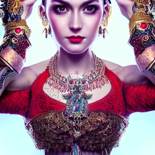 Image similar to wonderful princess with smooth fair skin, alluring eyes, red jewelry, breathtaking, elegant, intricate, ornate backdrop, hyper detailed, accent lighting, 4 k glamour photography, octane render