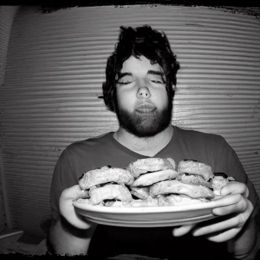 Image similar to nightime infrared trail cam footage of top-heavy 20 year old with messy black hair and beard stuffing his face with cheeseburgers and eating like a pig
