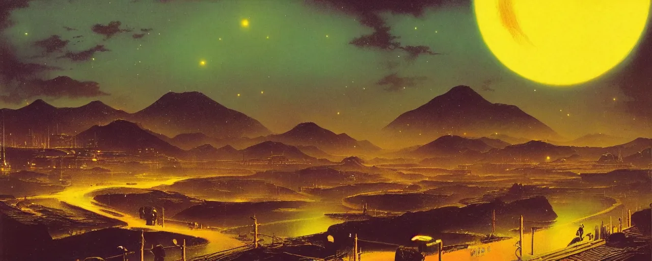 Image similar to awe inspiring bruce pennington landscape, digital art painting of 1 9 6 0 s, japan at night, 4 k, matte