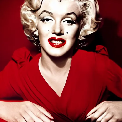 Prompt: Stunning studio photograph of Marilyn Monroe in a red dress smiling slightly for the camera, XF IQ4, f/1.4, ISO 200, 1/160s, 8K, RAW, unedited, symmetrical balance, in-frame, sharpened