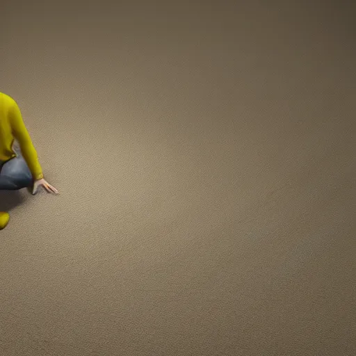 Image similar to 3 d render of jerma 9 8 5, jerma in a liminal space, non - euclidean space, endless halls of an office space, worn mono - yellow 7 0 s wallpaper, old moist carpet, inconsistently - placed fluorescent lighting, high octane, blender, 3 d render