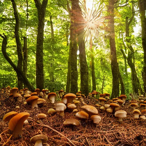 Image similar to the forest, the sun through the foliage, a lot of porcini mushrooms