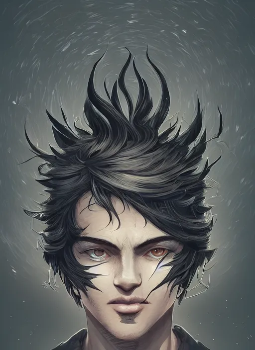 Prompt: beauty boy with a crows nest on his head, cruelty, black crows, light effect, hyper detailed, intricate, elegant, highly detailed, digital painting, rule 3 4, artstation, concept art, matte, sharp focus, illustration, by dan mumford, yusuke murata, makoto shinkai, ross tran