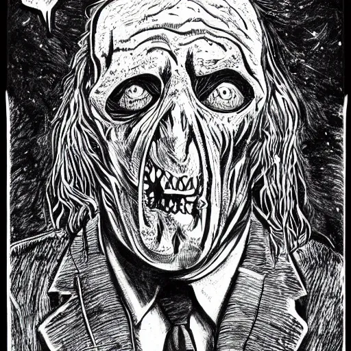 Image similar to a Pop Wonder scary horror themed goofy-hilarious-swamp-bog-monster-spaced-out-dead-head-with-space-in-his-oraphus, 3-piece-suit, dime-store-comic drawn with charcoal and pen and ink, half-tone-line-stacking