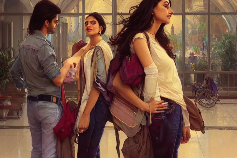 Image similar to Optimistic good looking pale young Indian doctors wearing jeans at the airport, portrait, elegant, intricate, digital painting, artstation, concept art, smooth, sharp focus, illustration, art by artgerm and greg rutkowski and alphonse mucha