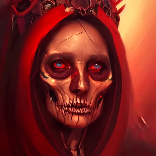 Prompt: a beautiful portrait of an ancient elderly necromancer queen, embers, skeletal, red-fabric, red-eyes, no-smoke, by Greg Rutkowski and Raymond Swanland, Trending on Artstation, ultra realistic digital art