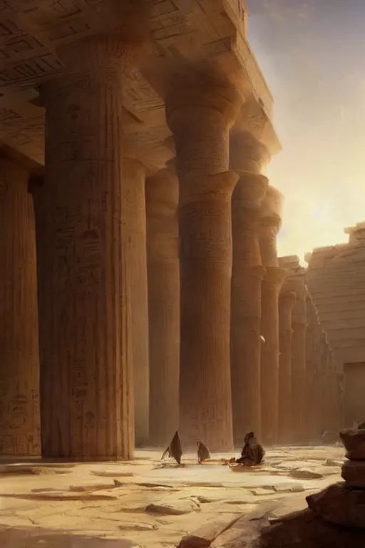 Image similar to a fantasy concept artwork depicting magnificent egyptian temple in the desert by anders zorn, craig mullins and greg rutkowski, beautiful cinematic light