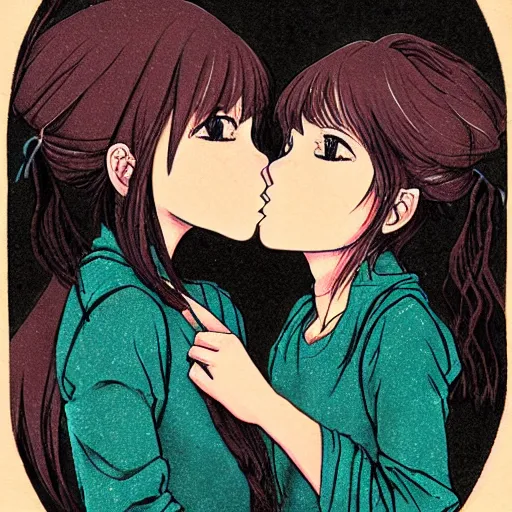 Image similar to portrait of two girls kissing, detailed manga art