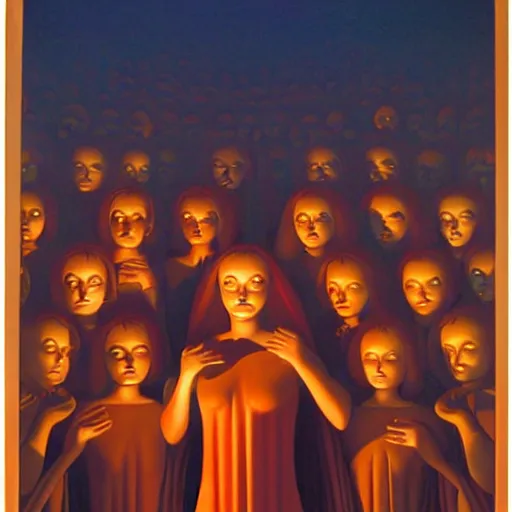 Prompt: Soul eating angels satisfy their hunger, light illumination at sunset, by George Tooker height 768