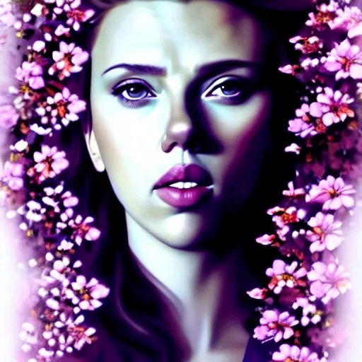 Prompt: beautiful woman Scarlett Johansson surrounded by Columbine flowers, symmetrical face, portrait, Charlie Bowater character art