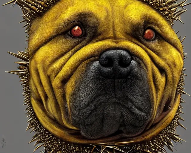 Image similar to Haunting horrifying hyperrealistic detailed painting of a fat dog canine creature made of spikes, heavy metal, disgusting, creepy, unsettling, and glowing golden yellow eyes, hyper detailed, trending on Artstation