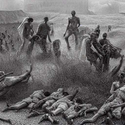Prompt: a hyperrealistic painting of the 1984 famine and drought in Ethiopia, in the style of Gustave Doré