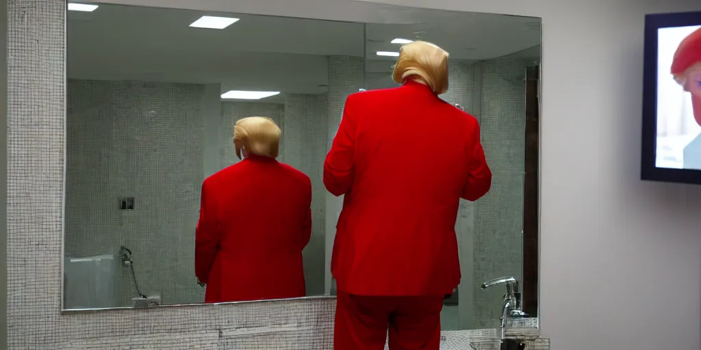 Image similar to ultra wide angle photo of donald trump wearing a looking at himself in a bathroom mirror and seeing his reflection dressed as an oompa loompa