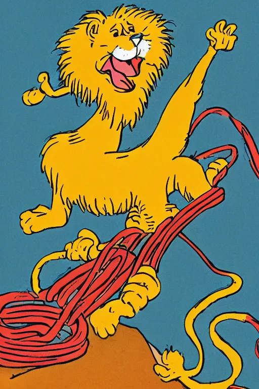 Prompt: illustration of a lion jump roping by dr. seuss