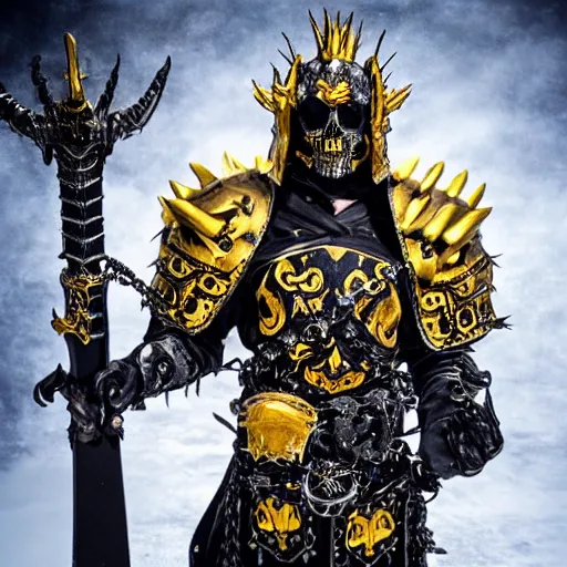 Image similar to lich king wearing black and gold armor with skulls and chains, holding a two handed sword with golden handle, wearing spiky helmet with mask