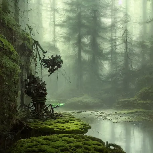 Prompt: ancient stone roboter overgrown with moss and farn resting beside a pond inside a forest, oil painting, by Greg Rutkowski