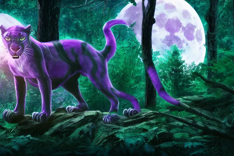 Image similar to a purple colored panther roaring in a forest during the night, large moon in the center. high quality. illustration. 4 k. cinematic. photoreal. highly detailed. artstation. dramatic. darkness. moon.