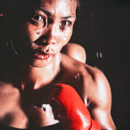 Image similar to close up portrait of woman boxer after boxing with brews blood sweating, photography photojournalism, very grainy image, 80mm lens, close up portrait polaroid