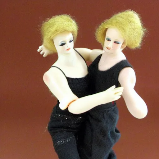 Image similar to two dolls dancing tango, realistic,